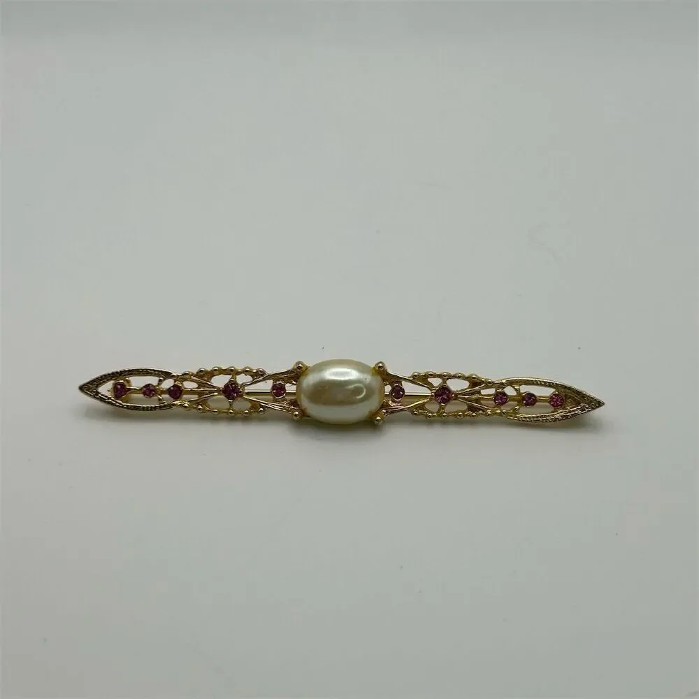 Vintage Long Gold Tone Bar Brooch with Cabochon Faux Pearl & Pink Rhinestones